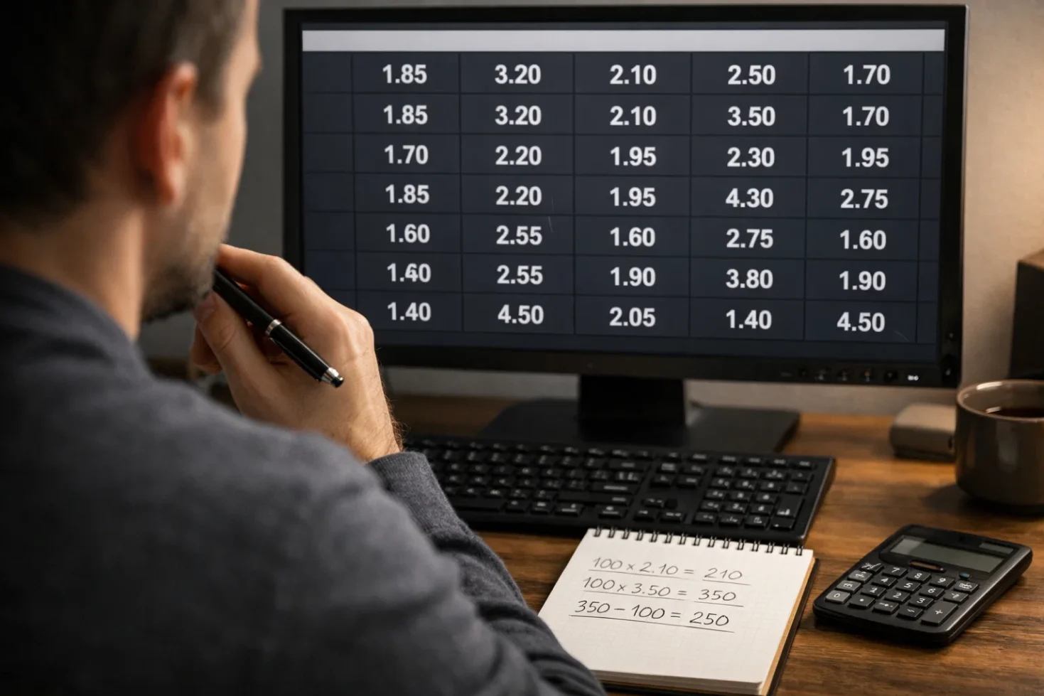 Schermo con tabella delle quote calcistiche e persona che analizza i dati