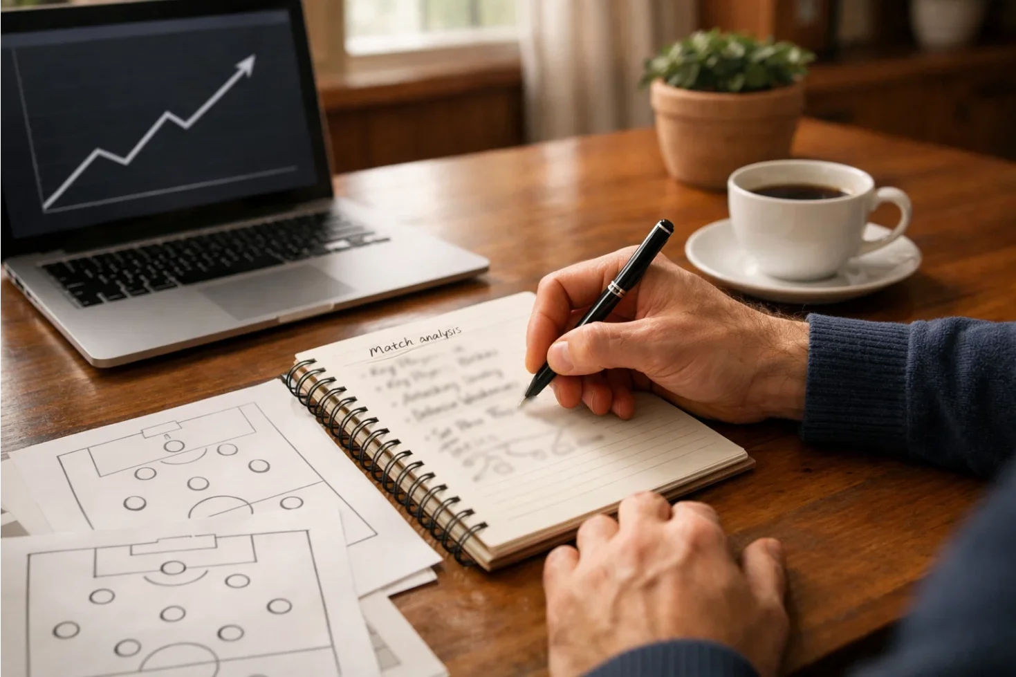 Persona che analizza dati statistici di calcio su un notebook con appunti