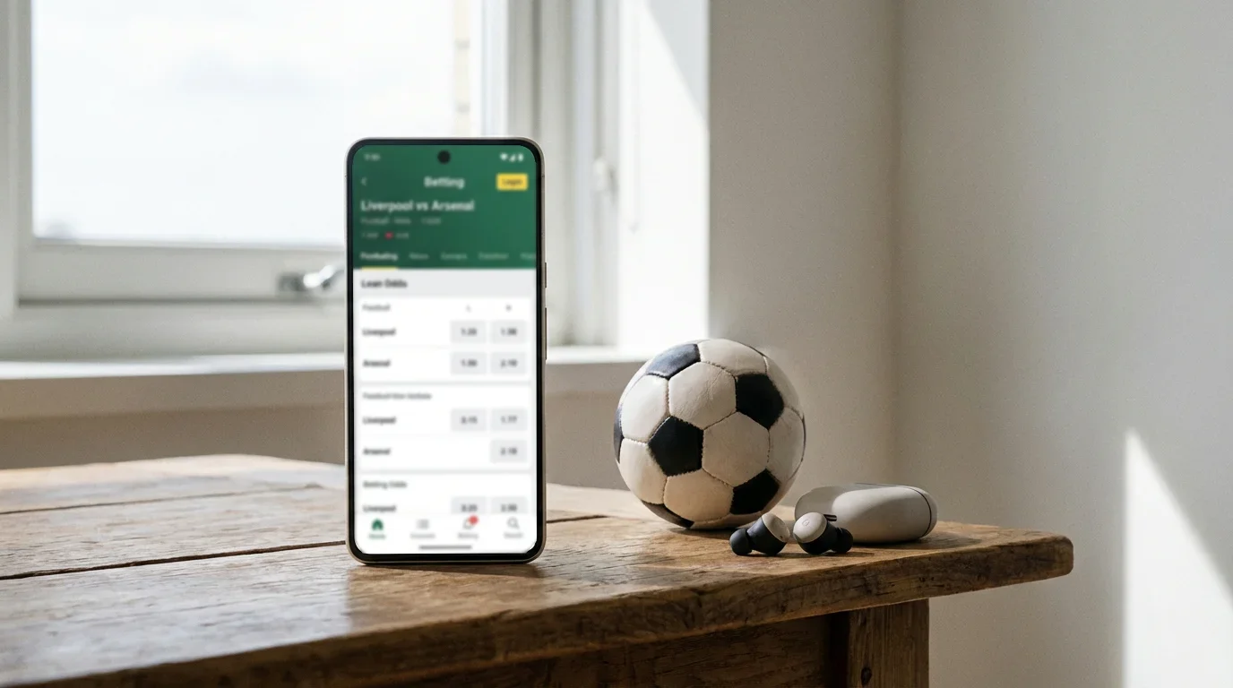 Smartphone con app di scommesse calcio aperta accanto a un pallone da calcio