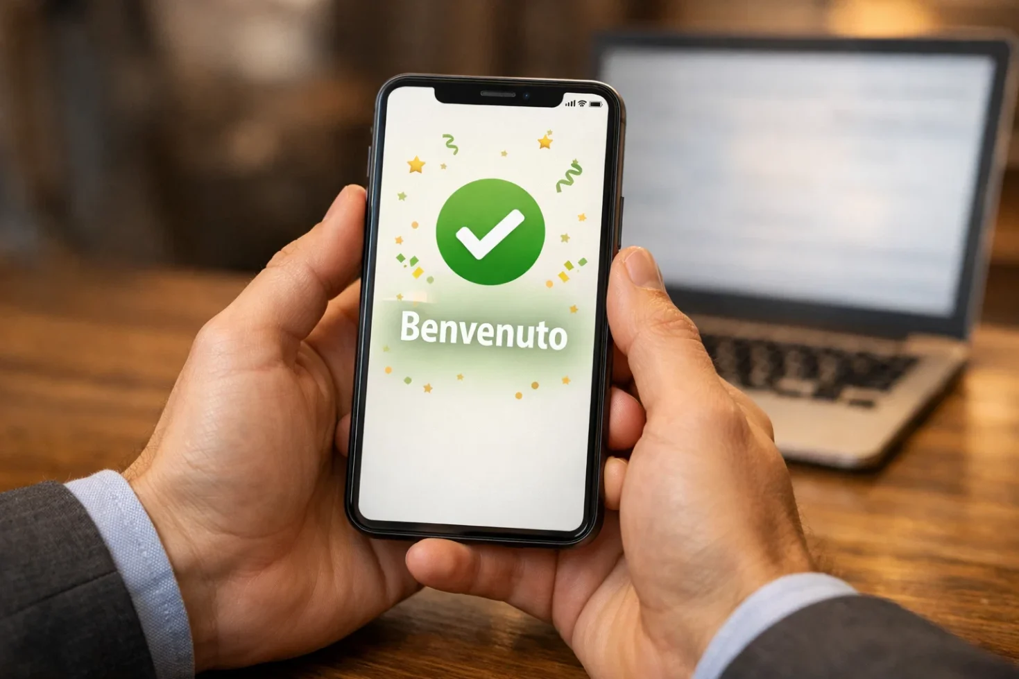 Mani che tengono smartphone con schermata di benvenuto e segno di spunta verde
