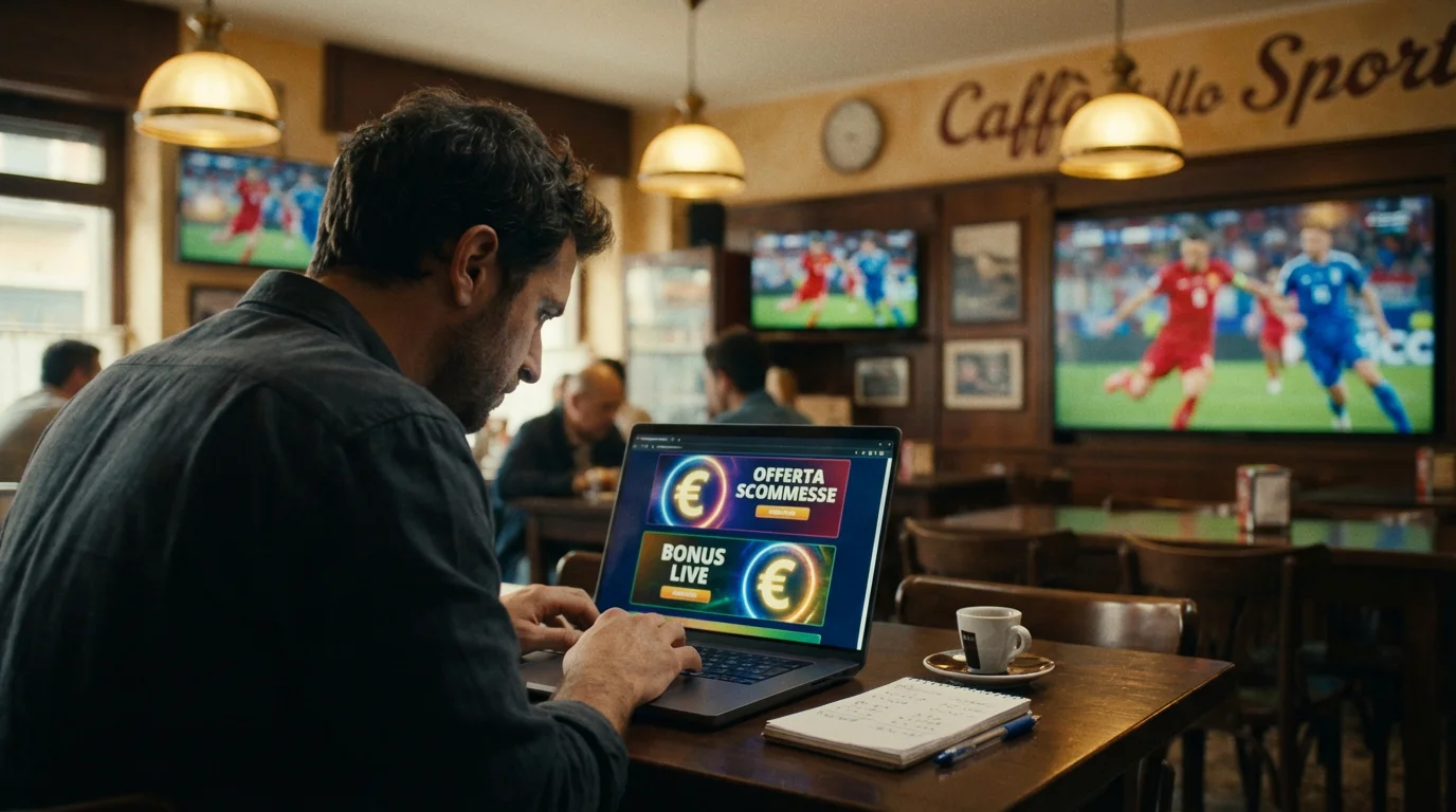 Tifoso di calcio che analizza le offerte di bonus scommesse su un laptop in un bar sportivo