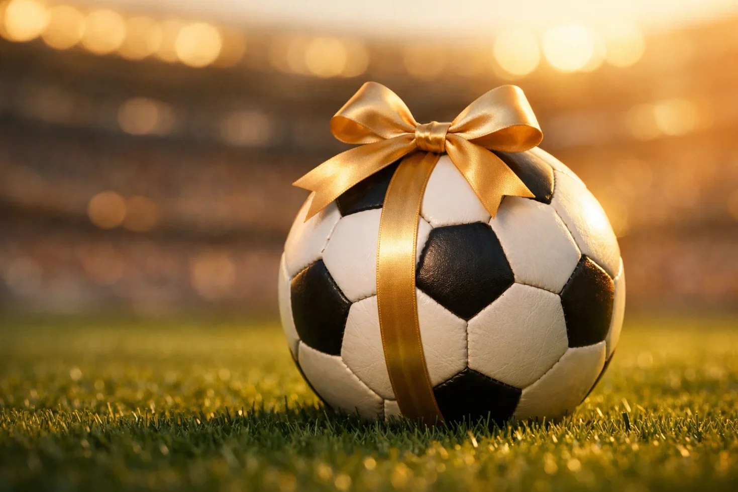 Pallone da calcio con nastro dorato regalo su campo verde