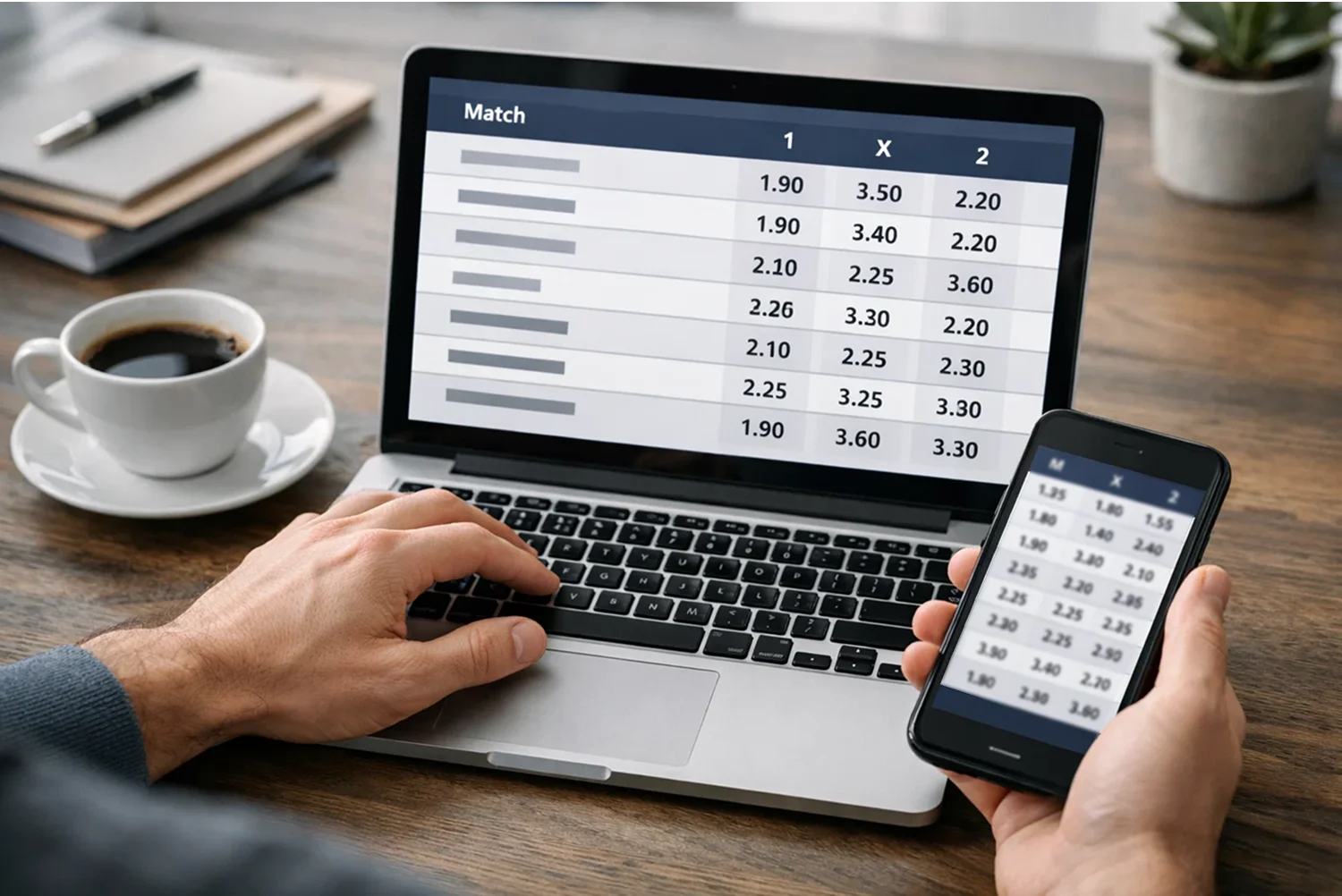 Persona che confronta quote calcio su laptop e smartphone