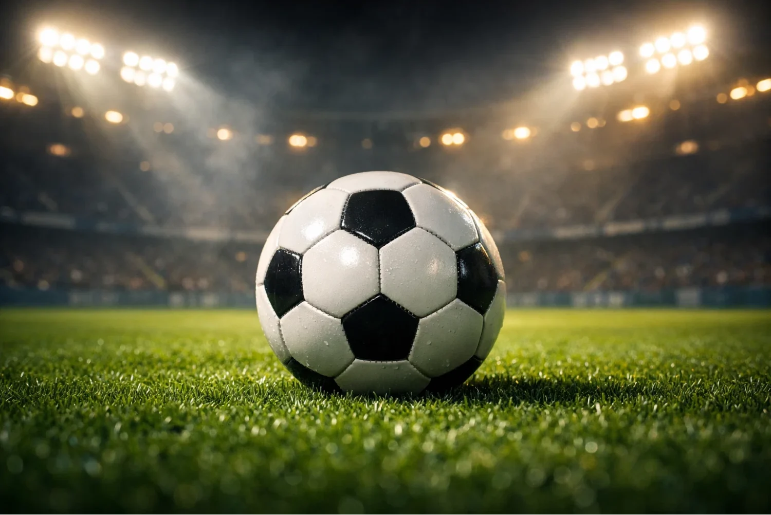 Pallone da calcio su campo da gioco con luci dello stadio sullo sfondo