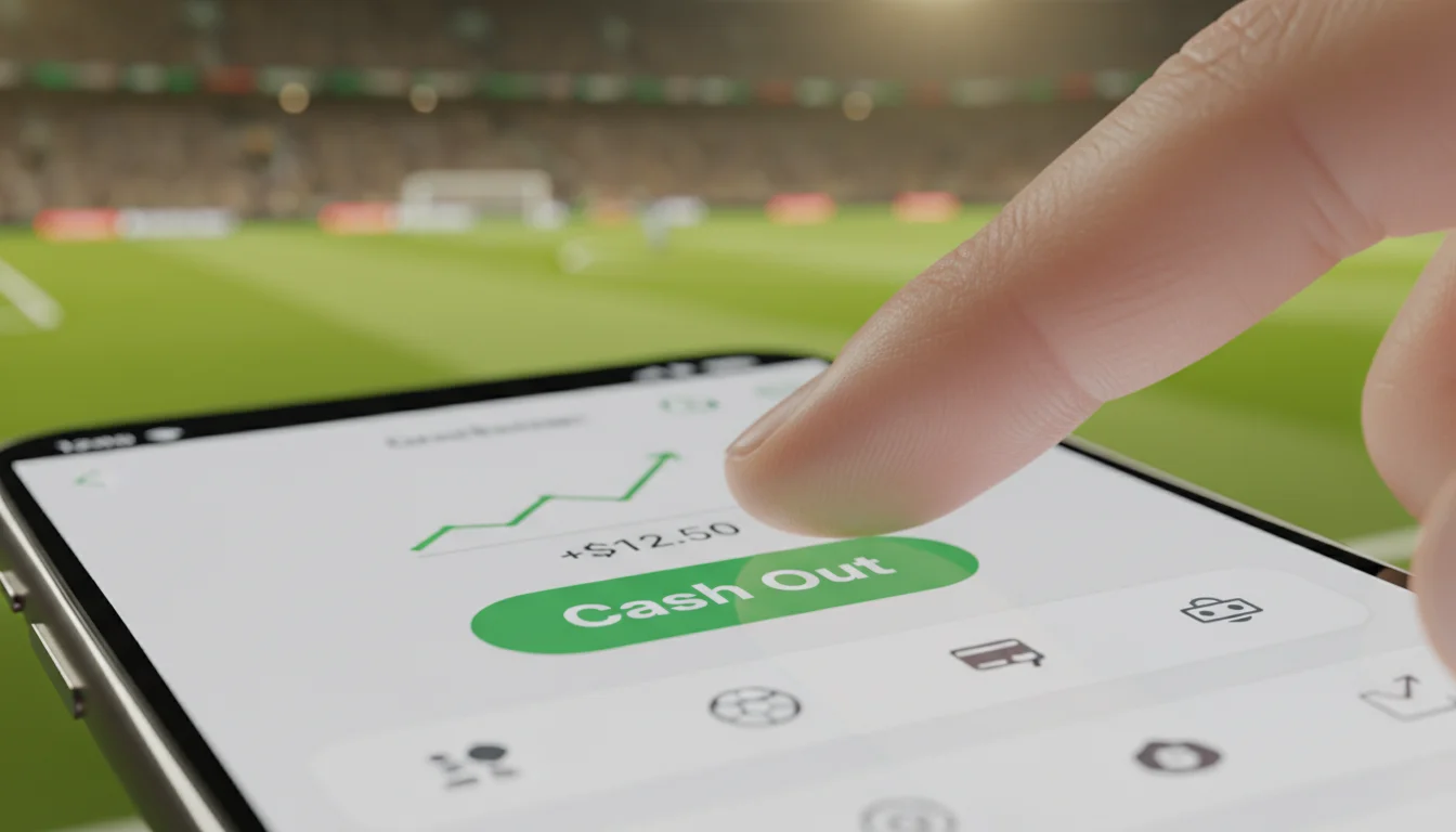 Mano che preme il pulsante cash out su uno schermo durante una partita di calcio
