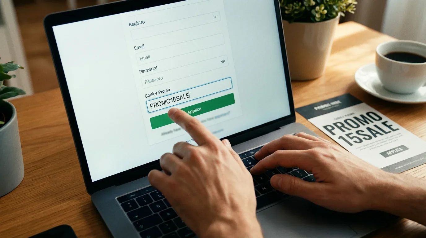 Persona che inserisce un codice promozionale durante la registrazione su un sito scommesse