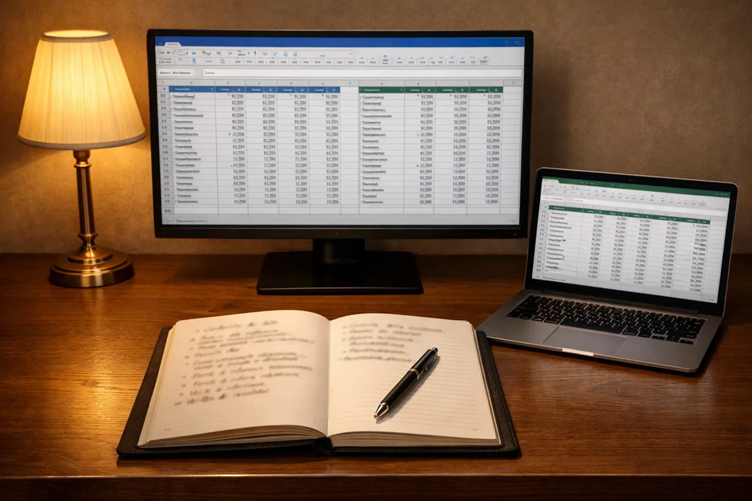 Scrivania con computer e appunti per analisi quote