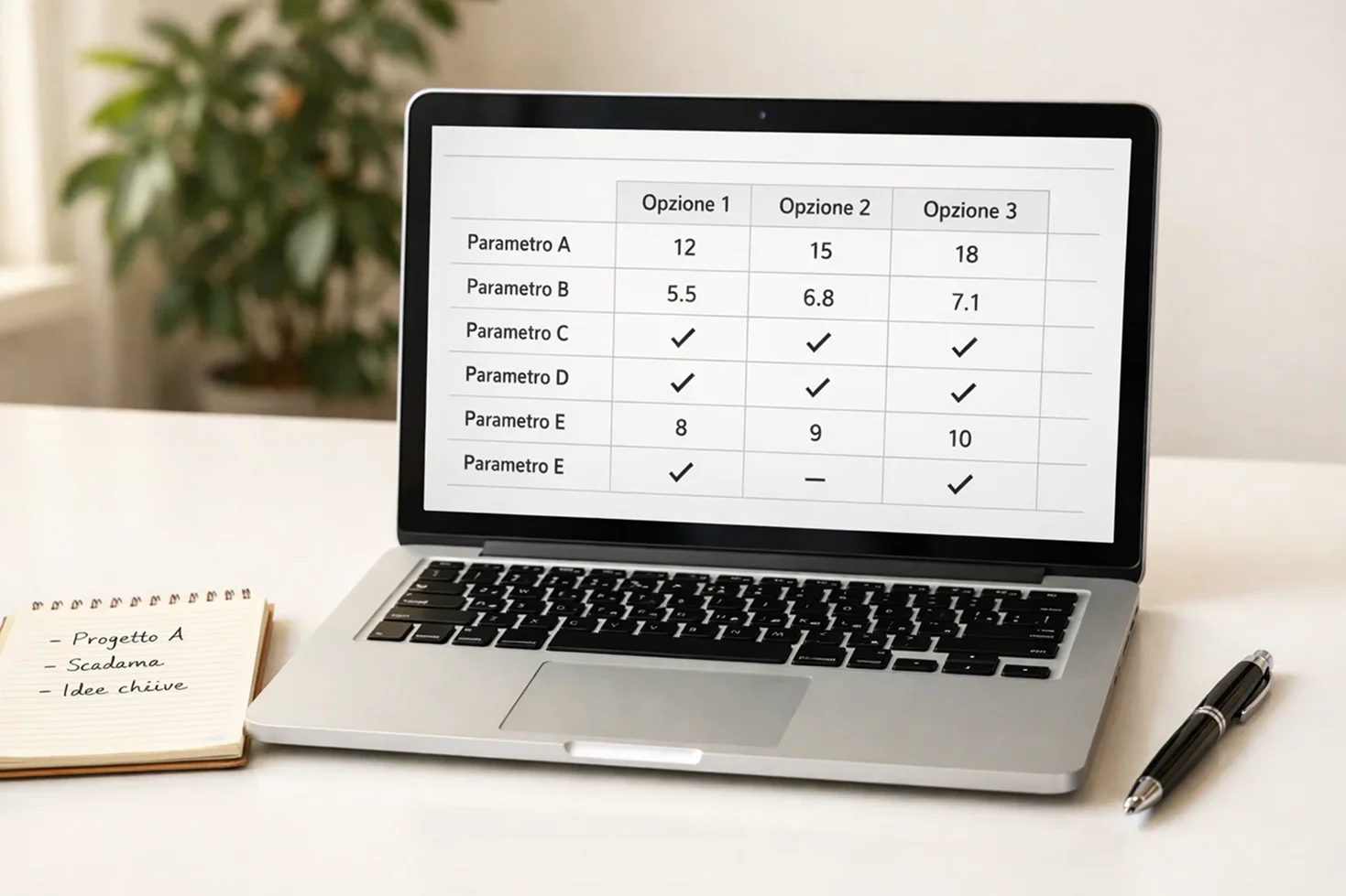 Laptop aperto con tabella comparativa sullo schermo