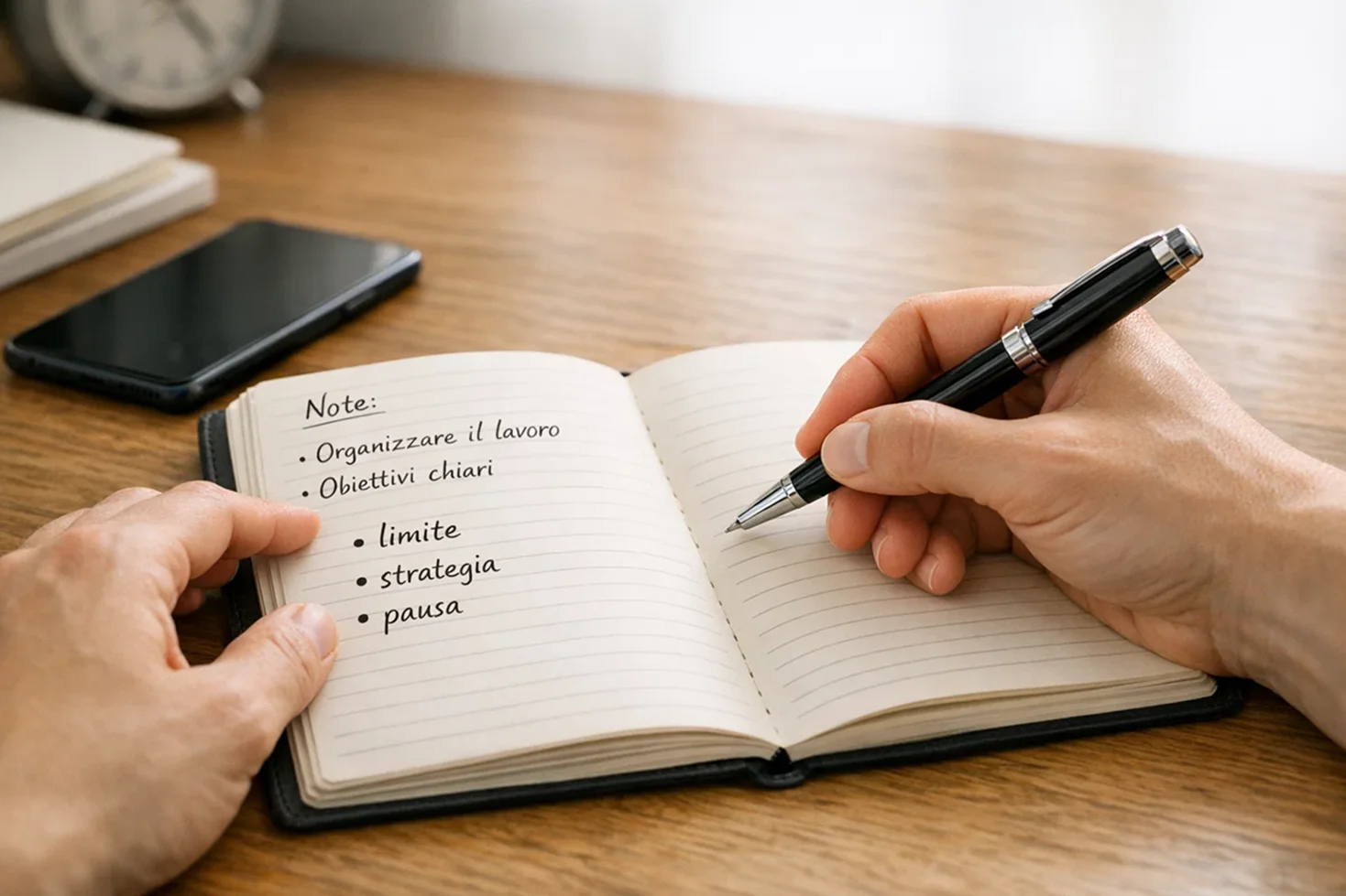 Persona che prende appunti con blocco note e penna