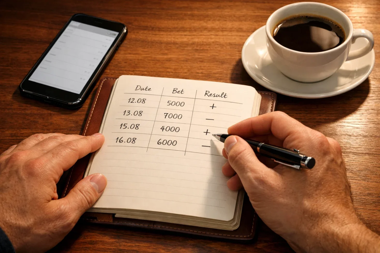 Persona che scrive in un blocco note tenendo traccia delle scommesse