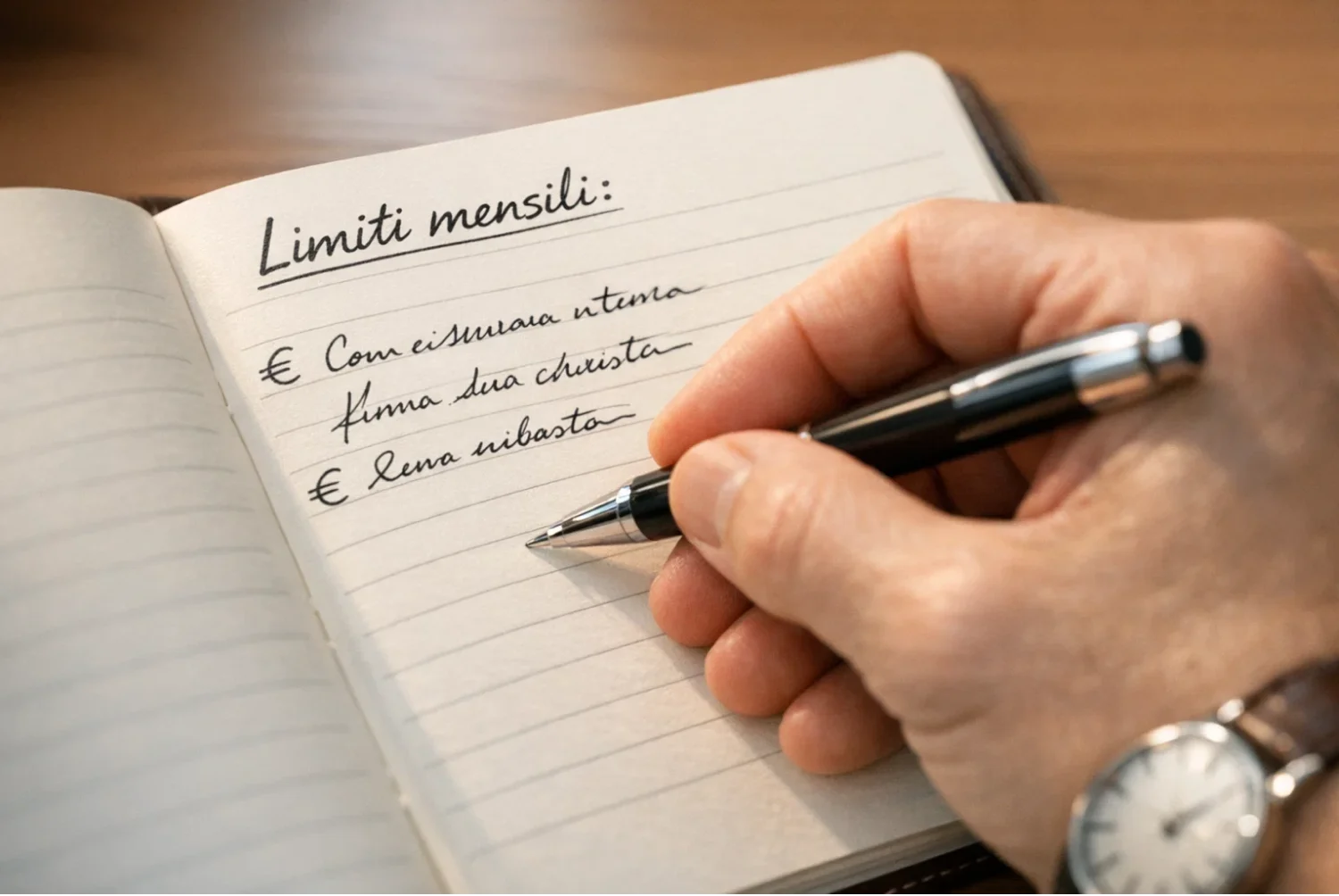 Mano che scrive limiti di budget su un blocco note con penna
