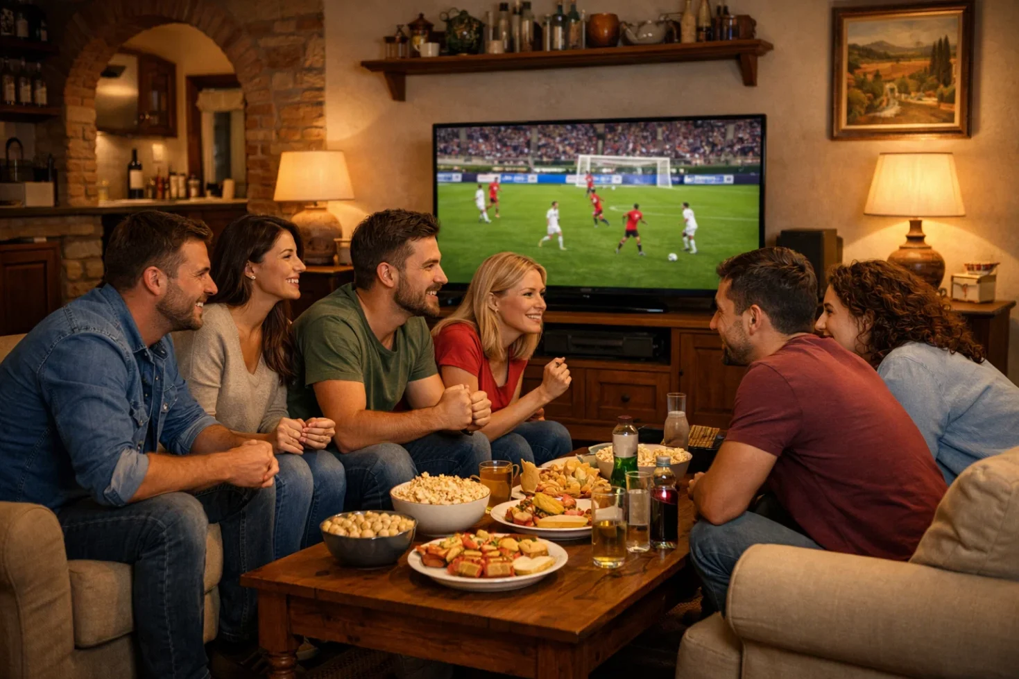 Gruppo di amici che guardano una partita di calcio in modo rilassato