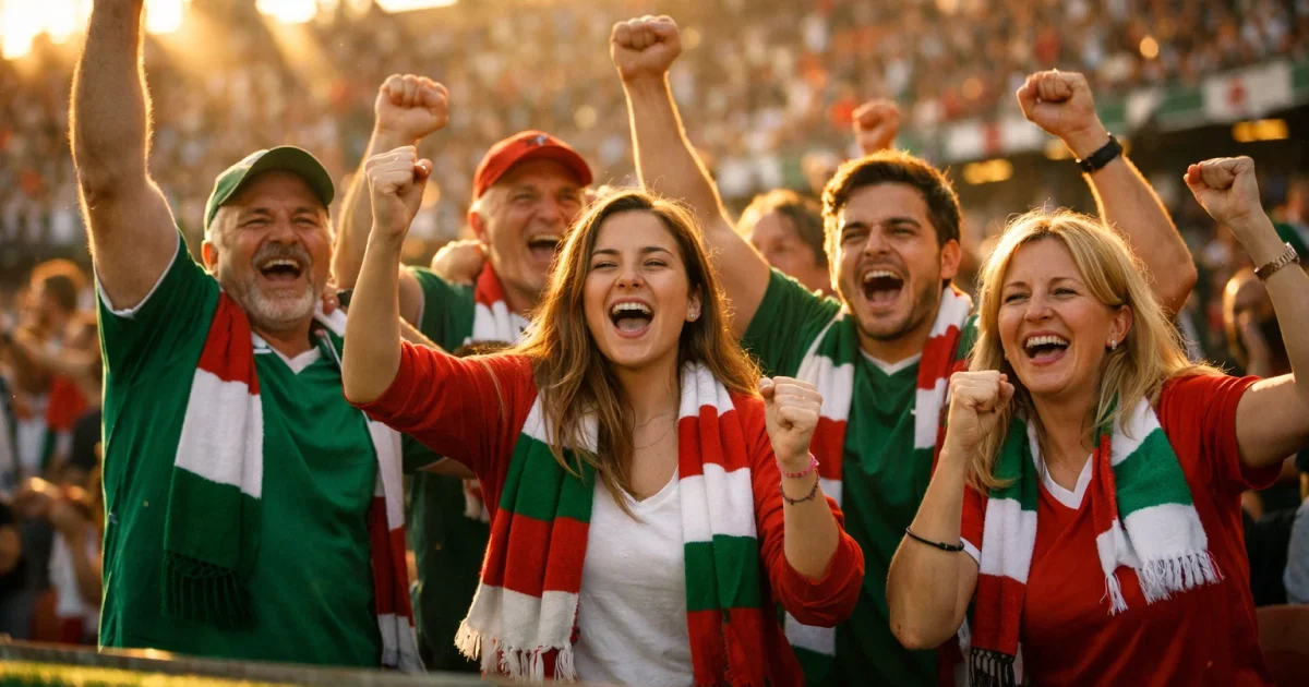 Tifosi italiani che esultano allo stadio durante una partita di Serie A