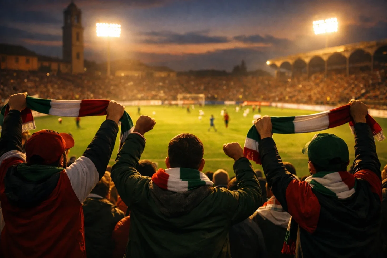 Tifosi allo stadio che guardano una partita di calcio di Serie A