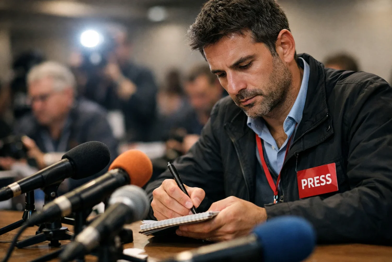 Giornalista sportivo che prende appunti durante una conferenza stampa