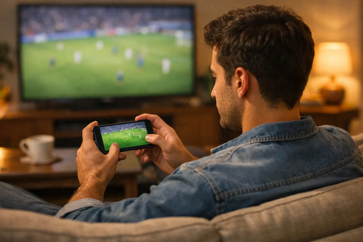 Persona che guarda partita di calcio sullo smartphone