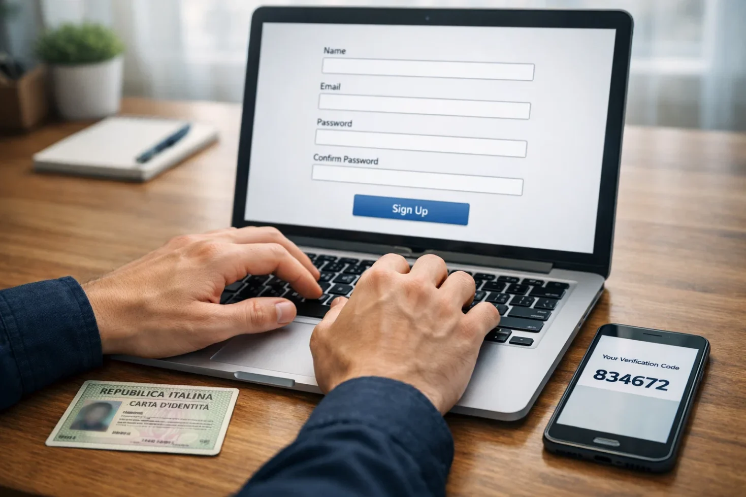 Persona che compila un modulo di registrazione online con documento di identità