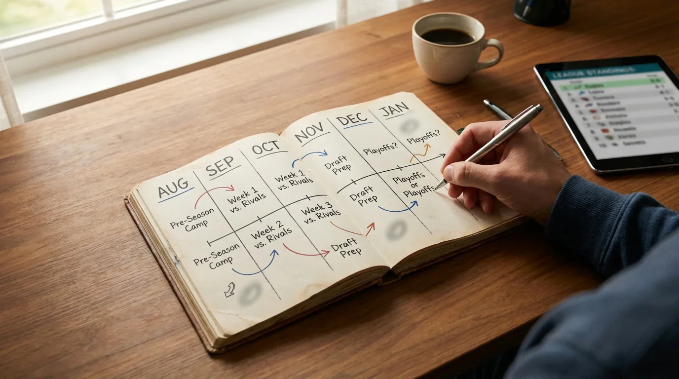 Persona che pianifica scommesse a lungo termine su un planner con appunti sulla stagione calcistica