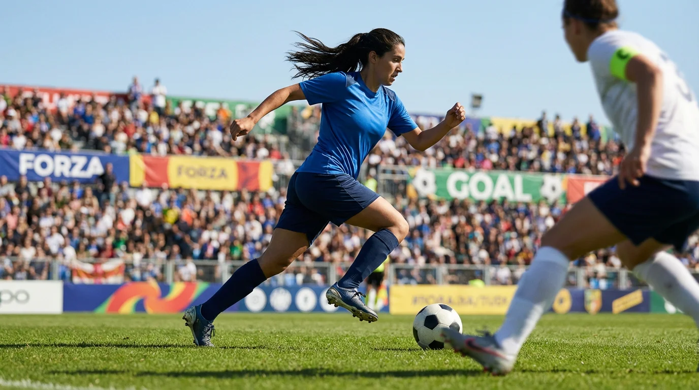 Calciatrice in azione durante una partita di calcio femminile su campo in erba
