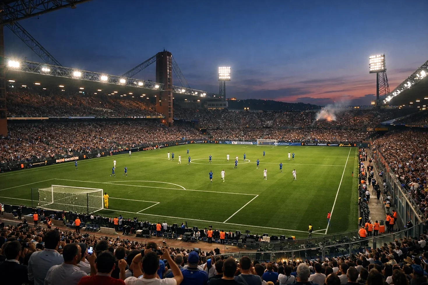 Partita di calcio in corso con tifosi allo stadio