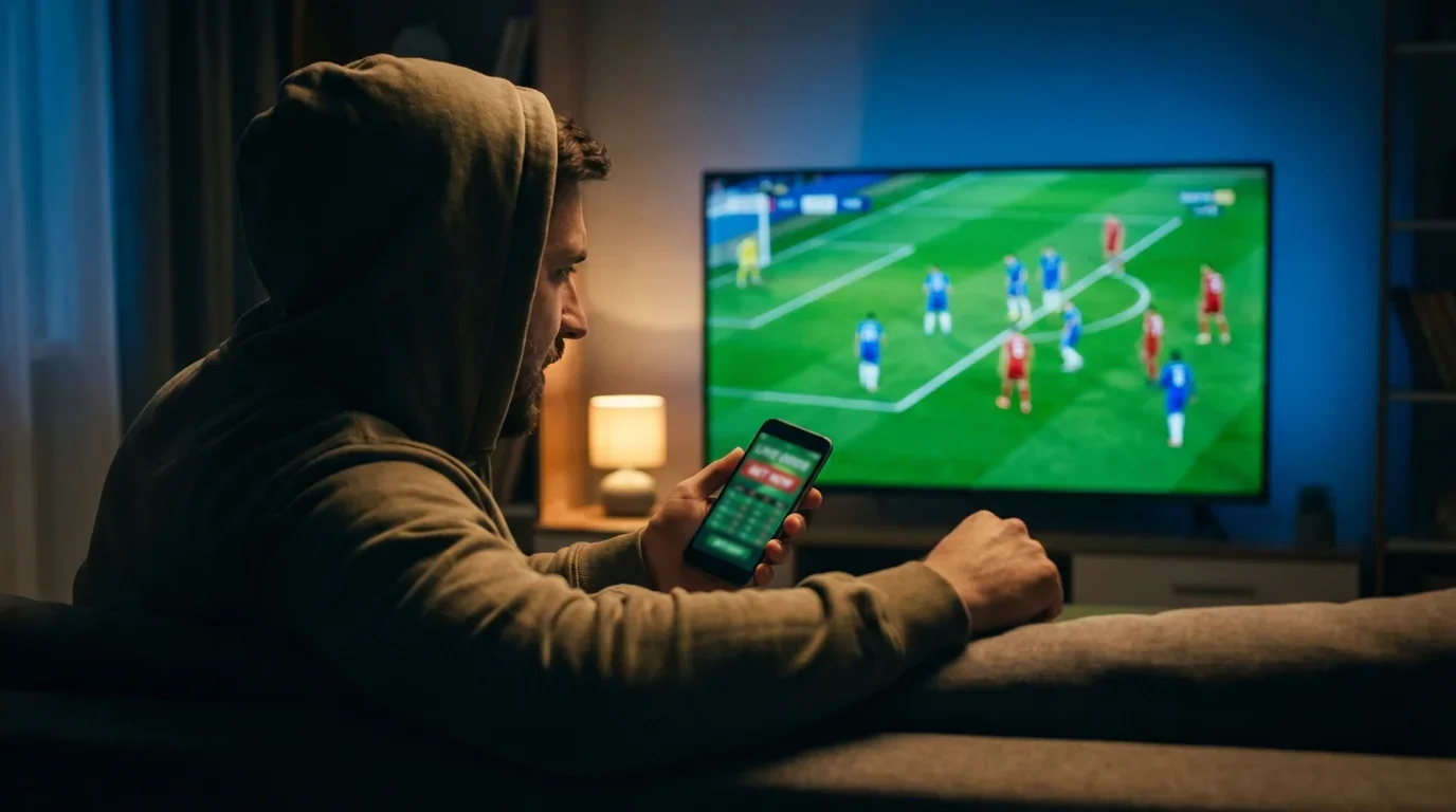 Tifoso che segue una partita di calcio in diretta mentre piazza scommesse live sullo smartphone