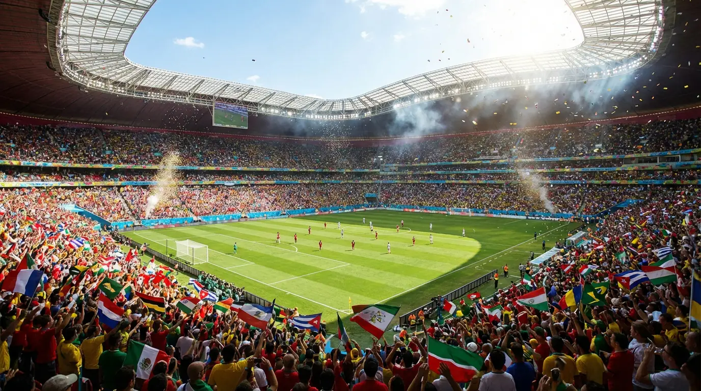 Stadio di calcio durante una partita dei Mondiali 2026 con bandiere internazionali