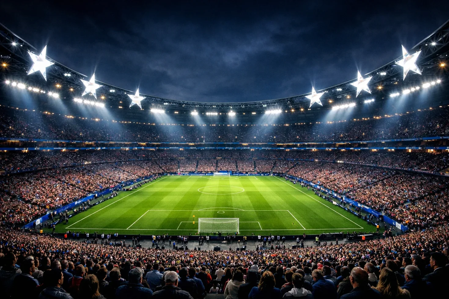Stadio di calcio illuminato durante una partita serale di Champions League