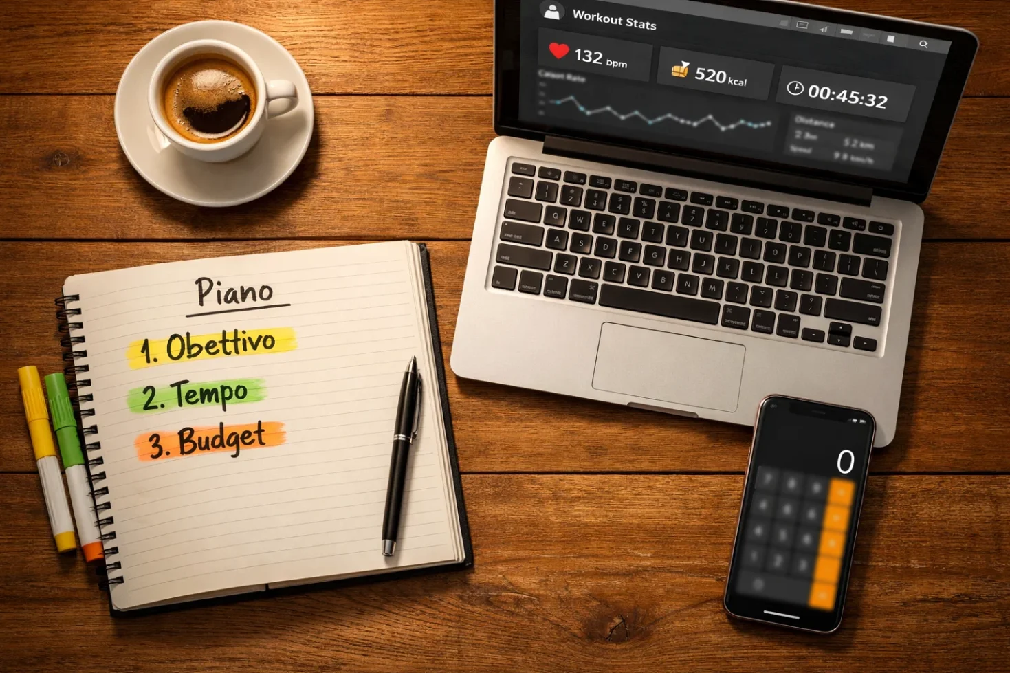 Persona che pianifica con notebook aperto e laptop sulla scrivania