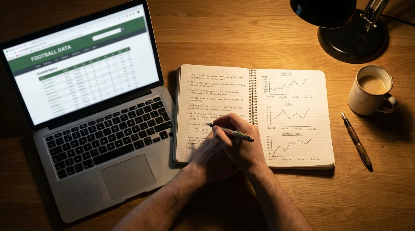 Persona che studia statistiche di calcio e strategie di scommessa su un quaderno