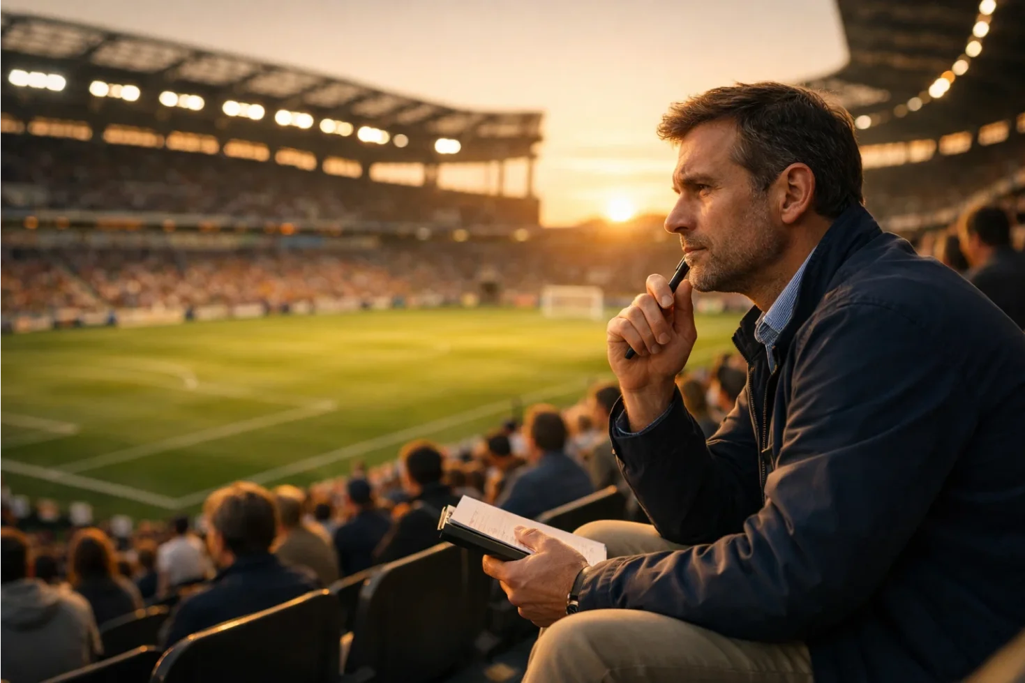Tifosi allo stadio che guardano una partita di calcio con atmosfera strategica