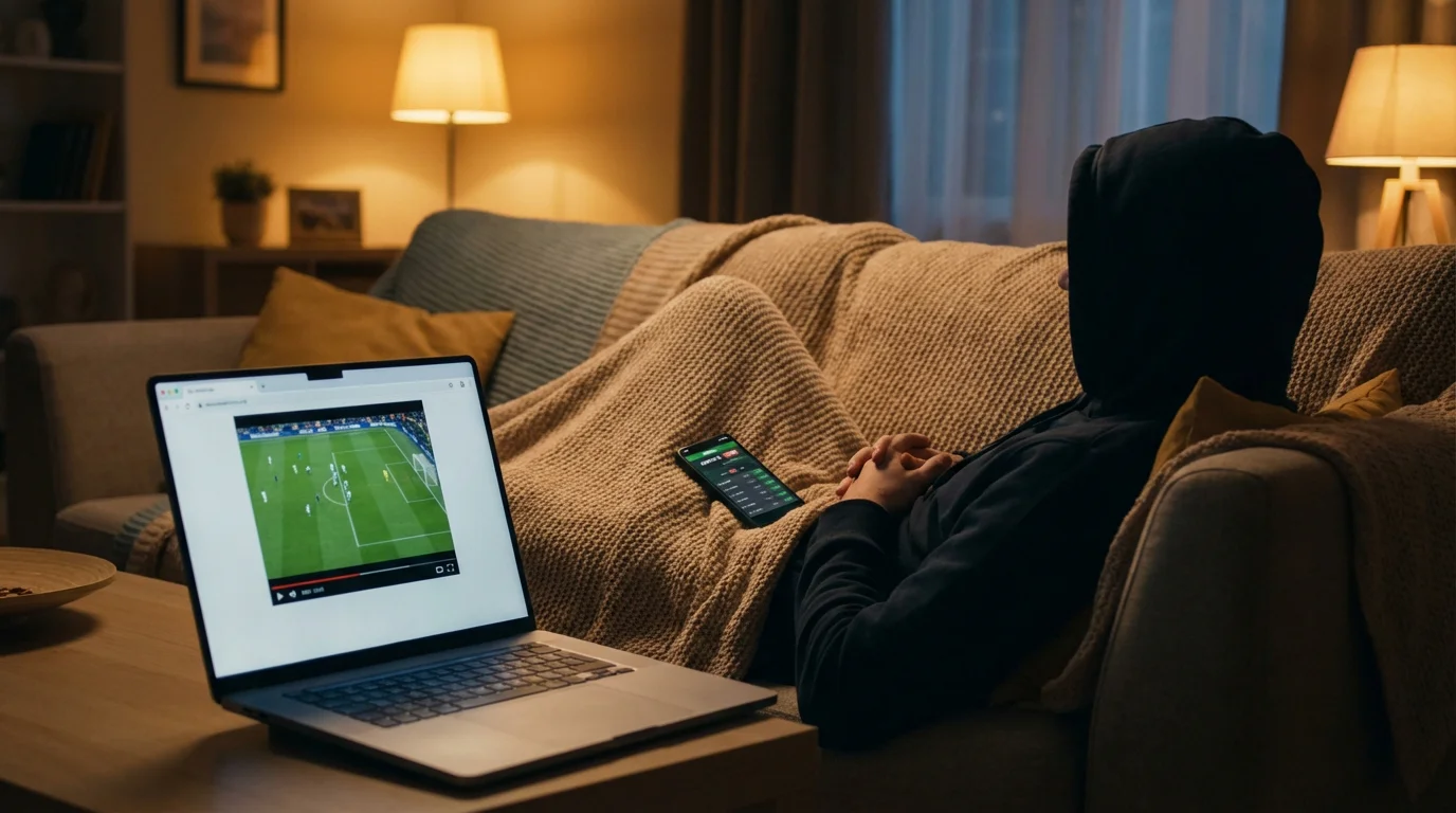 Persona che guarda lo streaming di una partita di calcio sul laptop da un sito scommesse