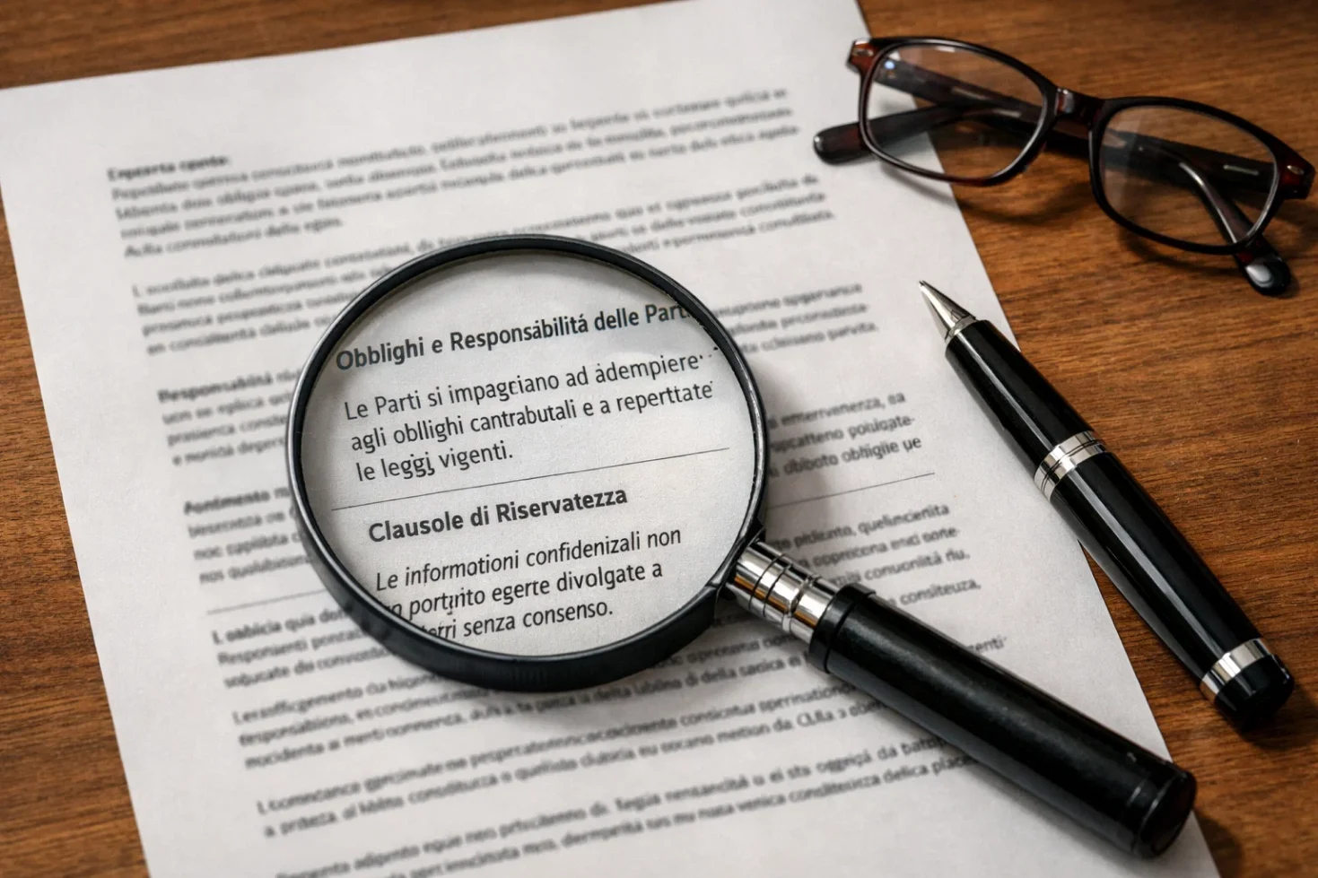 Documento con testo e lente di ingrandimento per leggere i dettagli