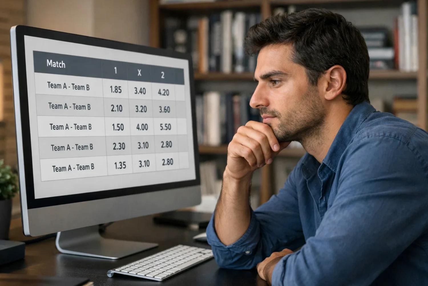 Uomo concentrato che confronta quote di scommesse sportive su schermo